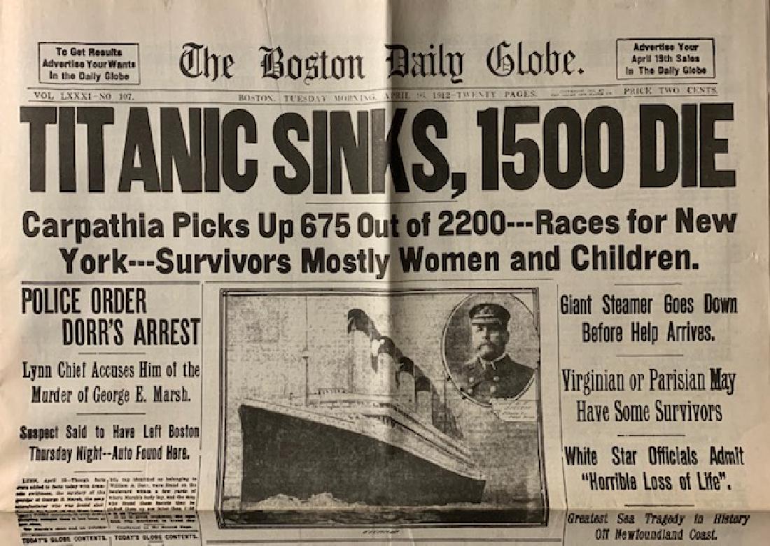 1912 Sinking of the Titanic Boston Newspaper READ ON (1 of 8)