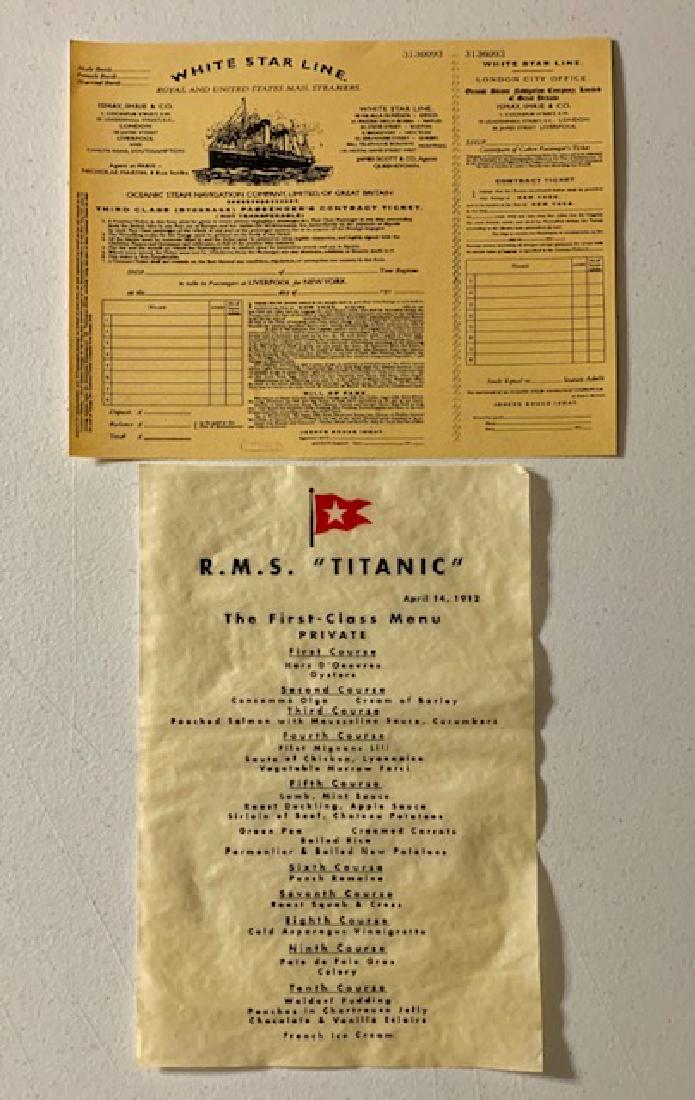 Titanic Dinner Menu and 3 rd Class Passenger Ticket: Great Lot â€“ Multiple Photos Posted â€“ Although there are No Markings, these are being sold as Re-Prints of the Original Documents