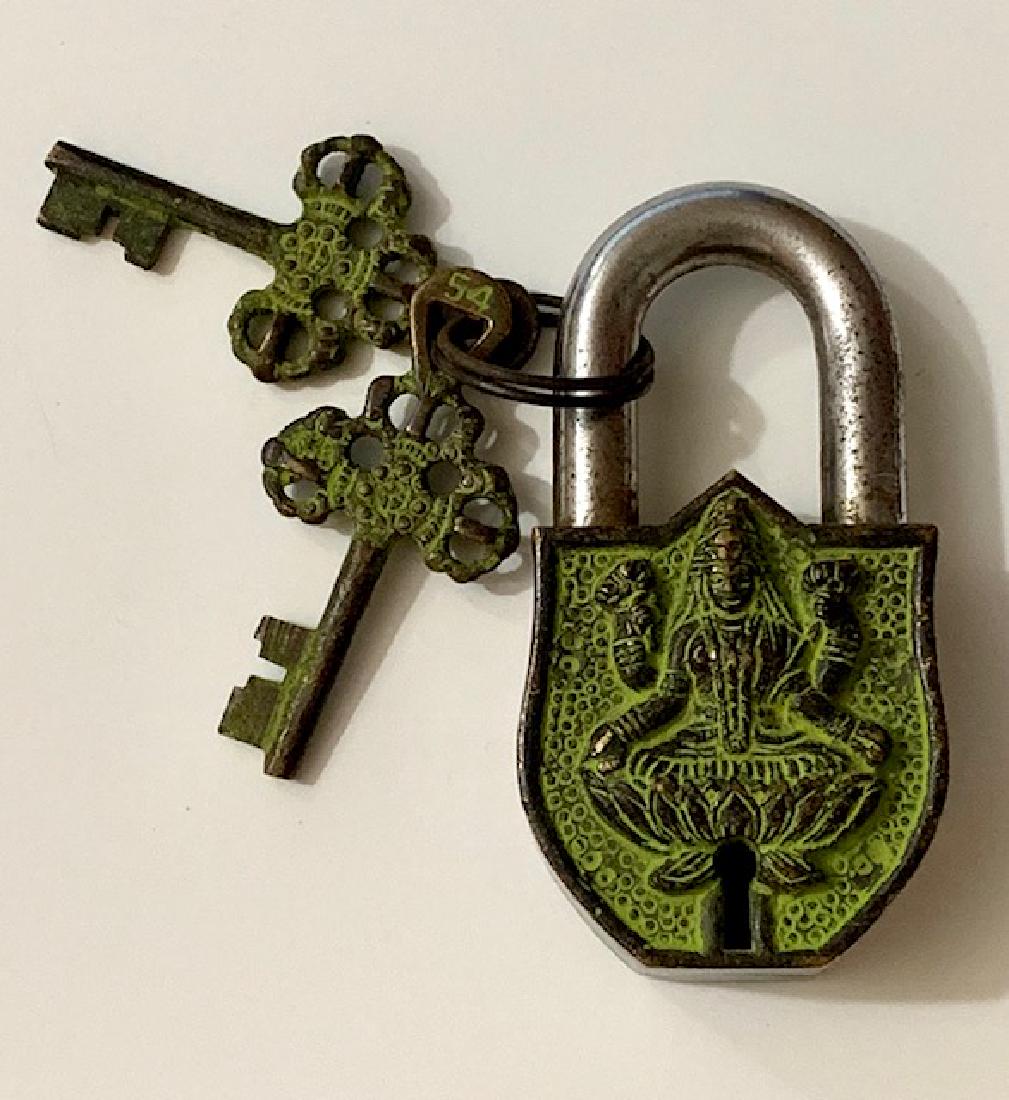Old Bronze Buddhist Prayer Temple Padlock w/Keys: Great Patina - Fully Functional - Very Ornate â€“ Relief Art - Heavy - See all Photos