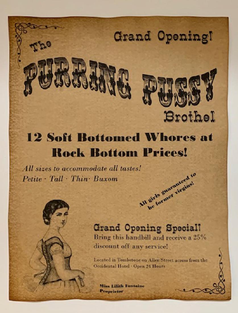 Old West The Purring Pussy Whorehouse Brothel Poster: Historic & Cool - Parchment like Paper â€“ Print Date Unknown â€“ Sold AS-IS