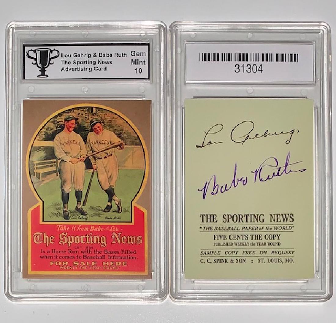 Babe Ruth & Lou Gehrig Sporting News Baseball Card: Advertising Baseball Card - Graded Gem Mint 10