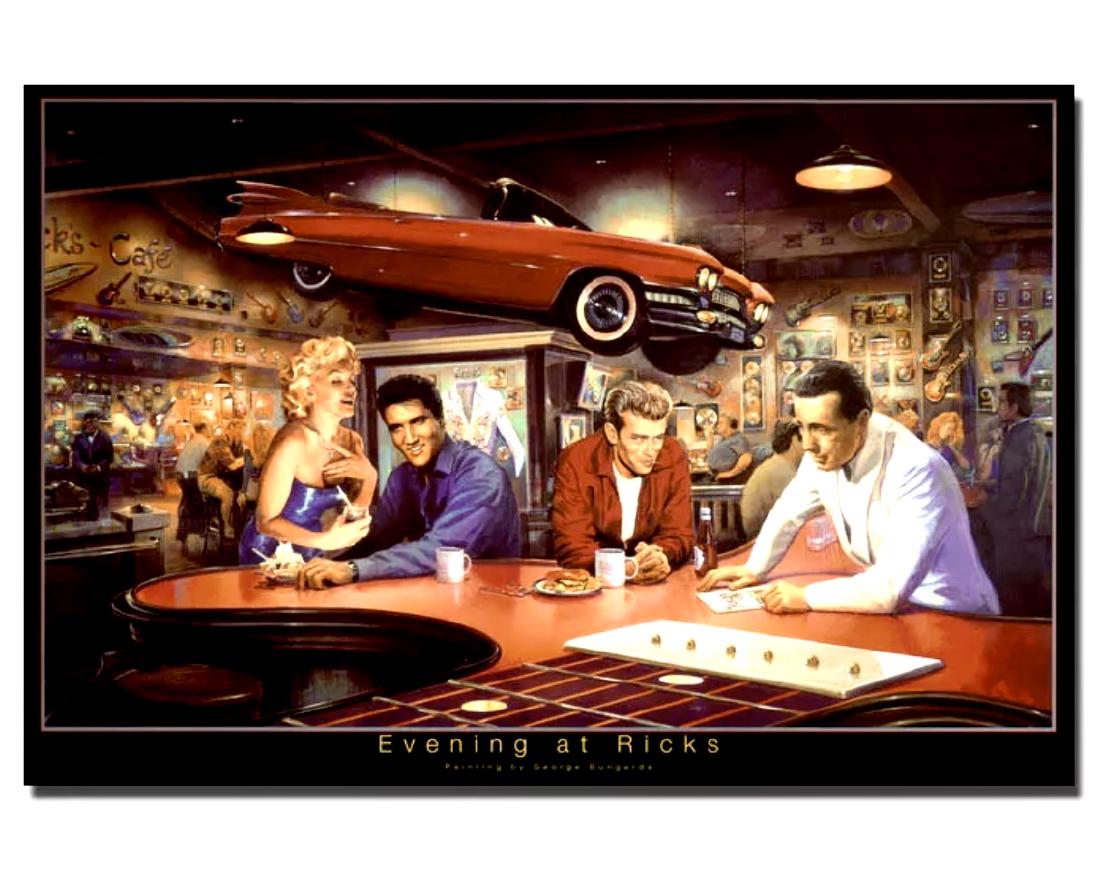 Monroe/Dean/Presley/Bogart Silk Screen Art Print: Evening at Ricks â€“ Original Art was Painted by George Bungarda. This Silk Screen Canvas Print is Highly Detailed and Measures 13 x 20. It Features Marilyn Monroe, James Dean, Elvis Presley and