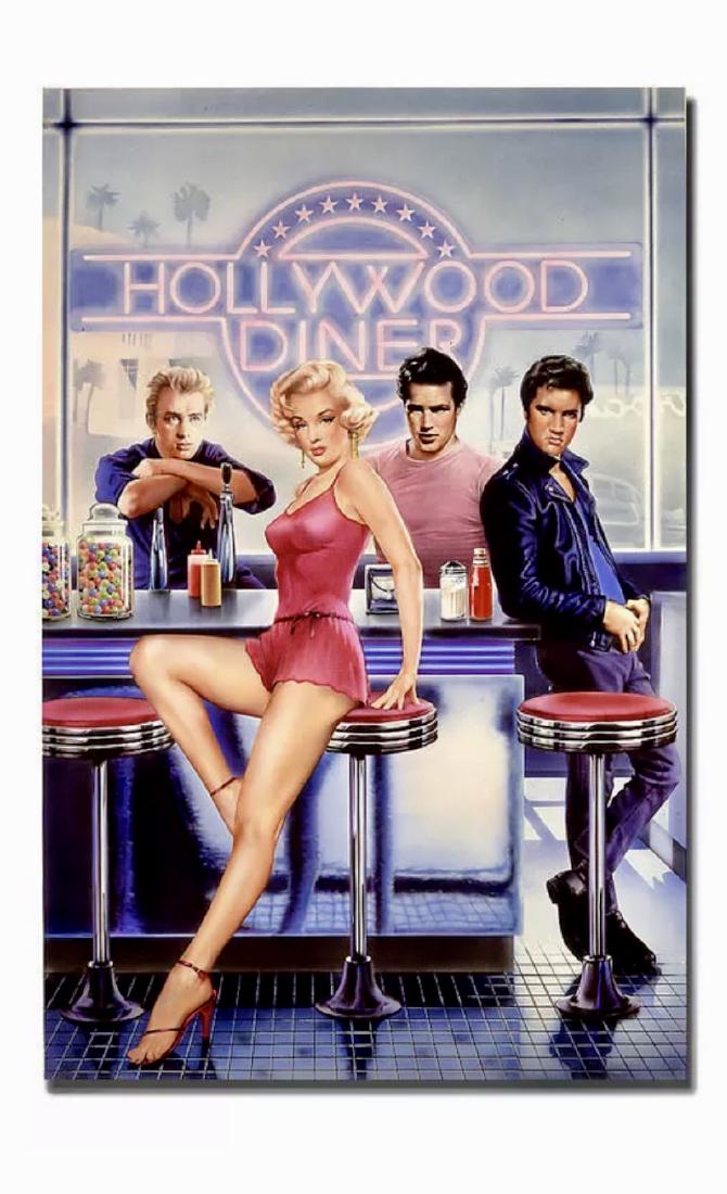 Monroe/Dean/Presley/Bogart Silk Screen Art Print: Hollywood Diner - This Silk Screen Canvas Print is Highly Detailed. Approximately 13 x 20 Marilyn Monroe, James Dean, Elvis Presley and Humphrey Bogart