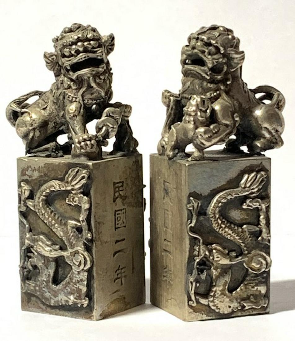 Solid Tibetan Silver KYLIN Temple Guardian FOO DOGS: Chinese Hallmarked Solid Tibetan Silver Foo Dog Seals â€“ LOT OF 2