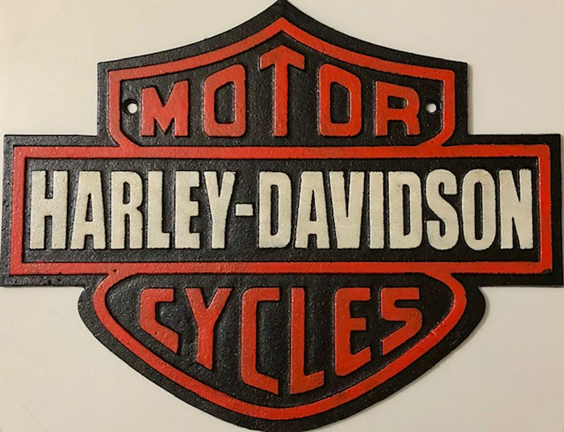 HARLEY-DAVIDSON Cast Iron Shield Advertising Sign: 14” x 10” - Awesome Piece
