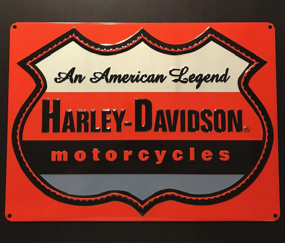 HARLEY DAVIDSON Embossed Tin Advertising Sign: Designed by ANDE ROONEY - Officially Licensed by HARLEY-DAVIDSON - Approximately 17 X 13