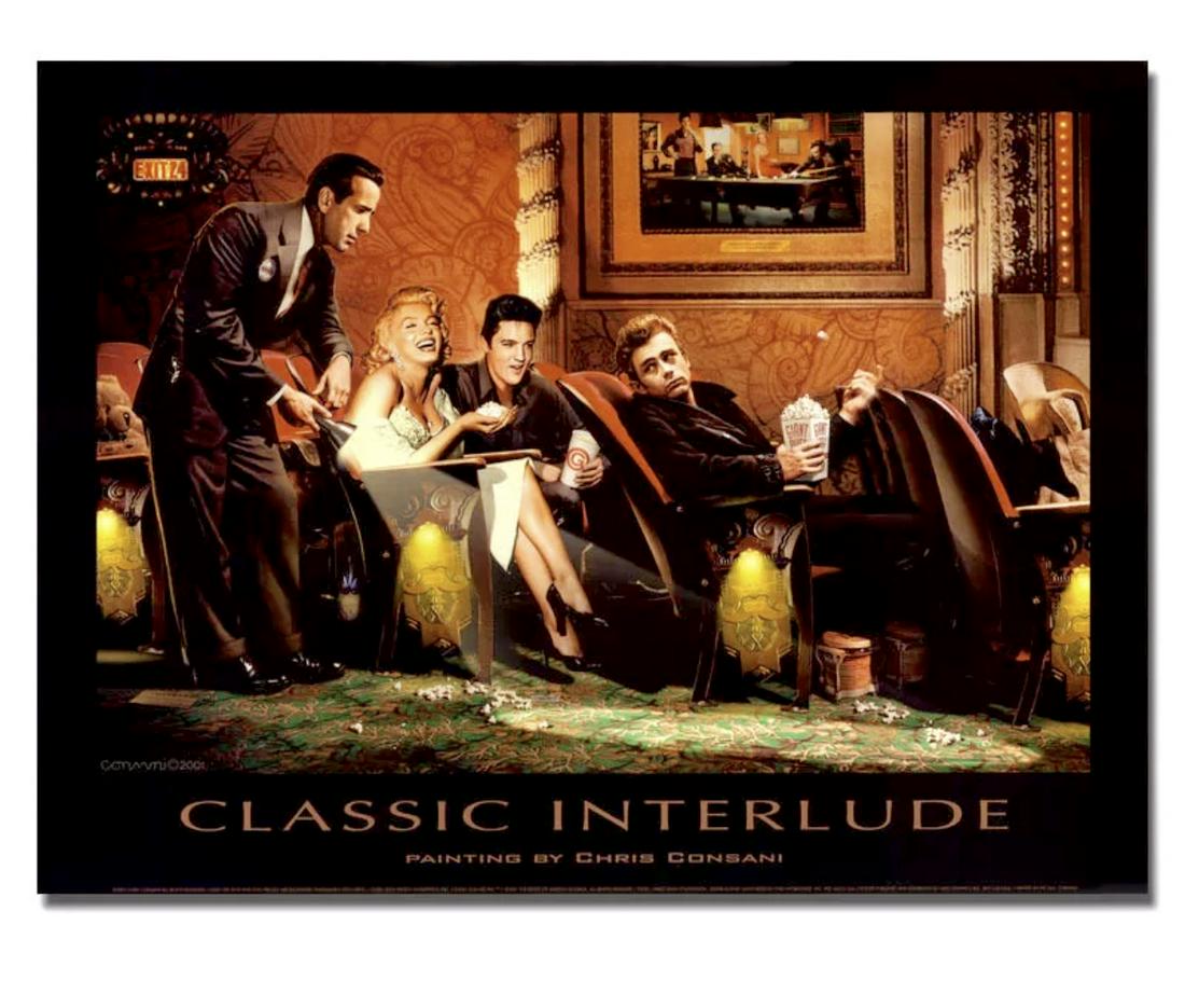 Monroe/Dean/Presley/Bogart Silk Screen Art Print: CLASSIC INTERLUDE â€“ Original Art was Painted by CHRIS CONSANI / This Silk Screen Canvas Print is Highly Detailed and Measures 13 x 18 / It Features Marilyn Monroe, James Dean, Elvis Presley and