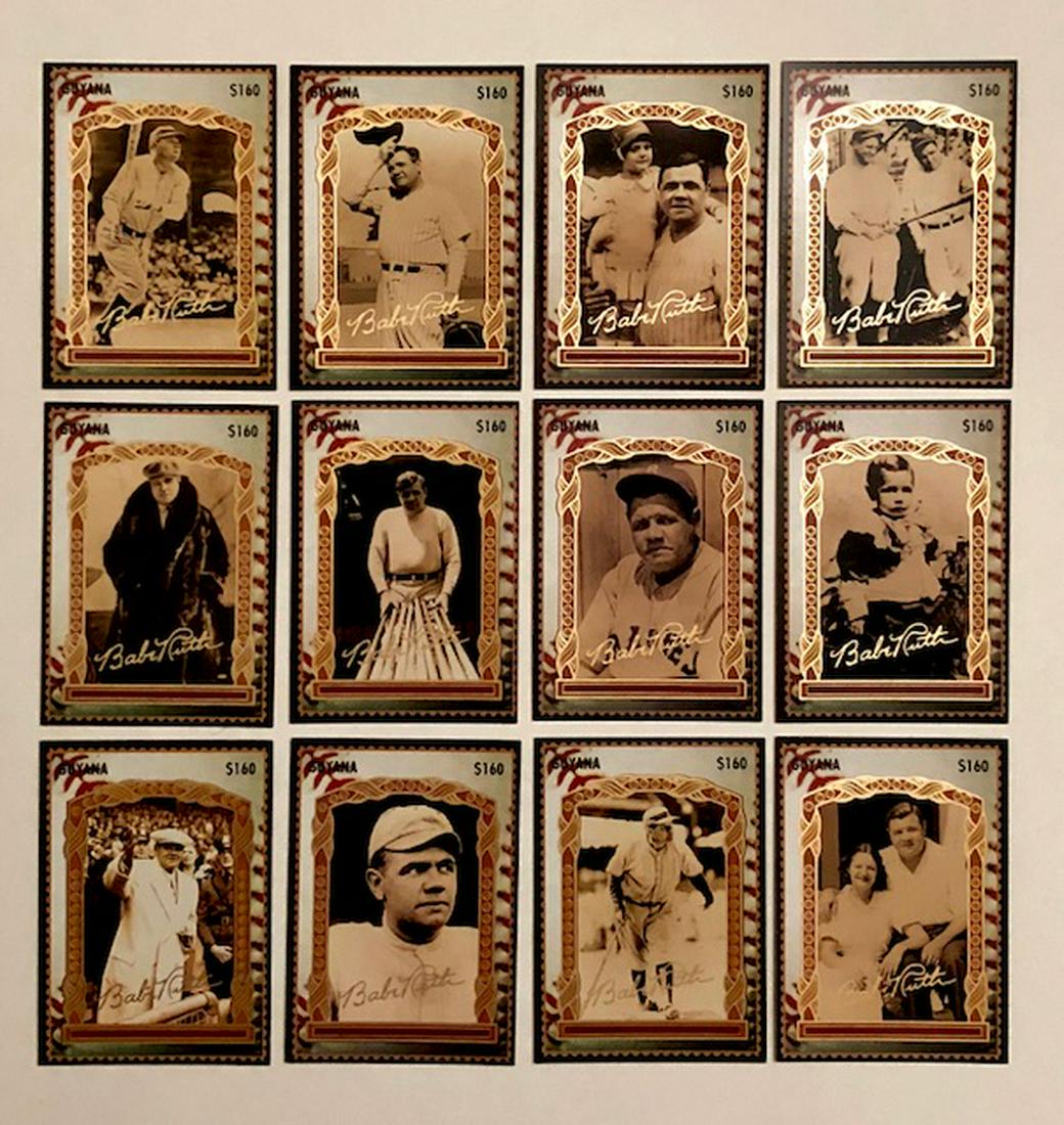 12 Rare BABE RUTH Gold Stamp Guyana Baseball Cards: Set Comes in Original Box with COA / Multiple Photos Posted