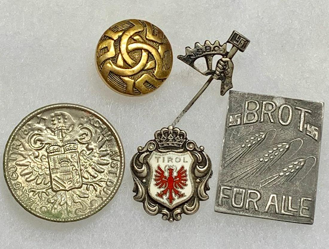 Lot of 5 WW2 German Nazi Soldiers Uniform Ephemera: This Lot Consists of Hat and Uniform Pins and Button - These Items came from a Very High-End Estate But due to the High Cost of getting them checked out the Inherit Owner chose Not to and decided to S