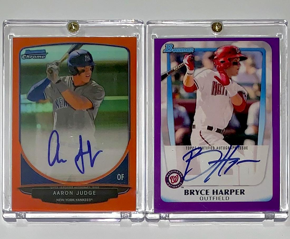 BRYCE HARPER/AARON JUDGE Rookie RP Baseball Cards: LOT OF 2 â€“ Includes Bryce Harper 2011 Bowman Autographed Rookie Reprint Baseball Card and Aaron Judge 2013 Bowman Chrome Autographed Reprint Baseball Card â€“ Encased â€“ Multiple Pho