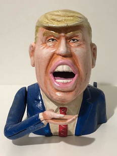 Explicit DONALD TRUMP Cast Iron Mechanical Coin Bank: Rare Variety / Works Perfectly / Must See all Photos