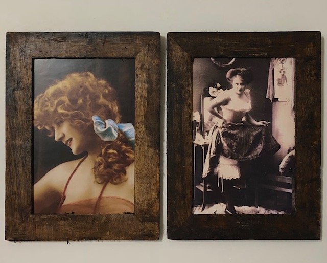 2 - Old West Brothel Whorehouse SOILED DOVES Photos: LOT OF 2 / Wood Framed Lineup Photos / Age Unknown / Sold AS-IS