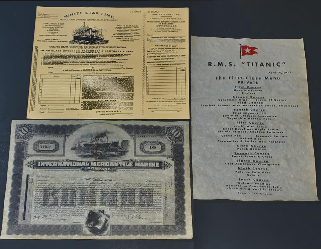TITANIC Stock Cert/Dinner Menu/Boarding Pass (1 of 5)