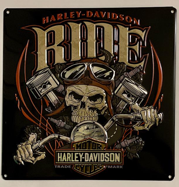HARLEY DAVIDSON Embossed Tin Advertising Sign: Designed by ANDE ROONEY - Officially Licensed by HARLEY-DAVIDSON - Approximately 15 X 15
