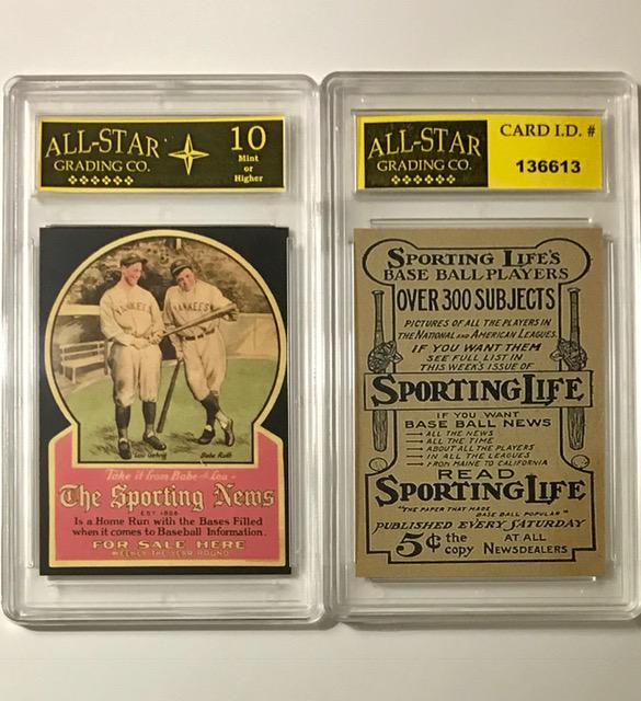 BABE RUTH & LOU GEHRIG Advertising Baseball Card: THE SPORTING NEWS / Gem Mint 10 / Great Card