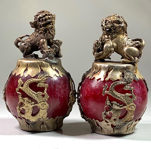 Chinese Folk Art Handmade Jade wrapped Seated Foo Dogs: Very Cool Pair â€“ Multiple Photos Posted