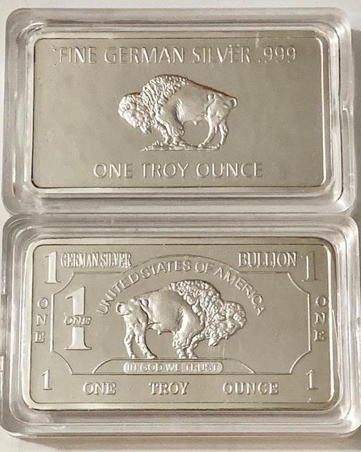 1 Troy Ounce .999 German Silver Buffalo Bullion Bar: Encapsulated/German Silver is Not Sterling Silver / It is a Silver Plated Novelty Item / Sold as Described AS-IS