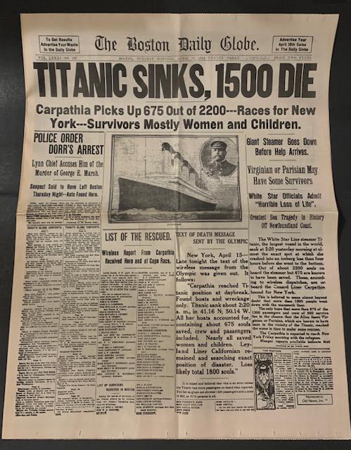 TITANIC Sinks Boston Globe Newspaper AM/PM Edition: Extremely Cool / High Quality Re-Issue in Beautiful Condition / Must See all Photos