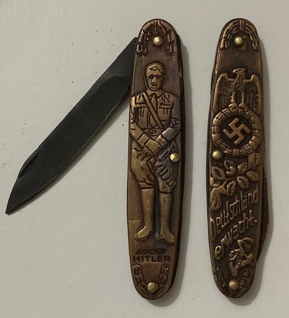 Nazi Germany Adolf Hitler Embossed Pocket Knife: Ornate / Must See all Photos / These Items came from a Very High End Estate But due to the High Cost of getting them checked out the Inherit Owner chose Not to and decided to Sell them with No Reserve