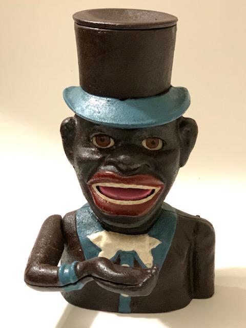 1896 Black Americana Cast Iron JOLLY NEGRO Coin Bank: This Mechanical Coin is Stamped on bottom J.E. Stevens 1896 and it Works / Even though is dated it is definitely Not a Period Original Bank / We are Not certain when these were made but it is Not Orig
