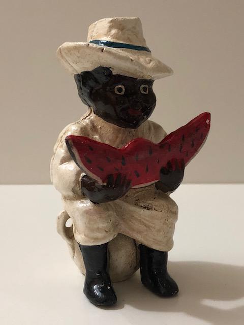 Black Americana Cast Iron Boy Watermelon Coin Bank: We are Not certain how old these are therefore Sold AS-IS with Regards to Age / We Do Not Support any of the Ideals this Piece Represents / Exact Age Unknown / Sold AS-IS / Multiple Photos Posted