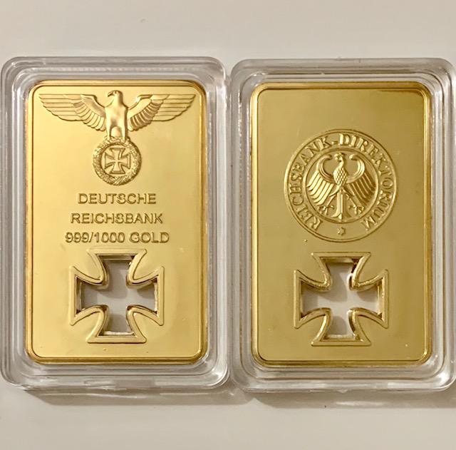 1oz 999 Gold Clad German Reichsbank Direktorium Bar: Die-Cut Iron Cross â€“ Encapsulated - Gold Clad is Not Made of Gold â€“ It is Gold Plated