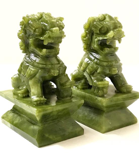 VTG Hand Carved Natural JADE Chinese Imperial Foo Dogs: LOT OF 2 / Very Ornate / See all Photos