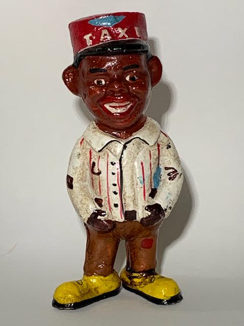 Black Americana Cast Iron TAXI DRIVER Coin Bank: We are Not certain when these were made therefore Sold AS-IS with Regards to Age / We Do Not Support any of the Ideals this Piece Represents / Multiple Photos Posted