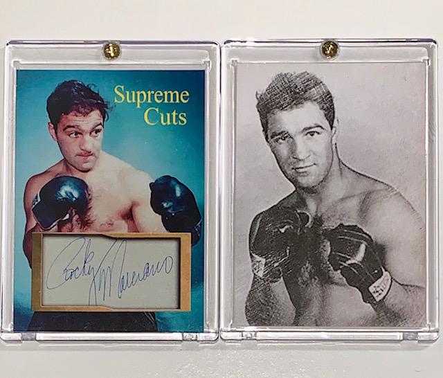 Lot of 2 Rocky Marciano Pencil and Cut Signature Cards: Both Come with Hologram Seal on Back / The Signature on the Back is a Facsimile Signature and NOT Hand Signed. Both Cards are 1 of ONLY 50 Produced / Both are Encased and in Beautiful Condition / Mult