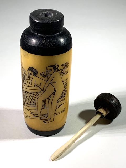 Vintage Chinese Scrimshaw Erotic Bone Snuff Bottle: This Bottle Depicts 3 Different Images and is made from Ox Bone / Must See all Photos