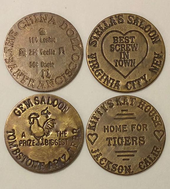 Lot of 4 Old West Saloon Whorehouse Brothel Tokens: All Different / Cool Pieces of Old West History / Age Unknown / Sold as Novelties