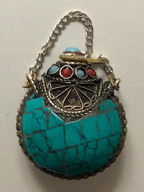 Old Mosaic Turquoise Ladies Discreet Chinese Opm Bottle: Believed to have been used under clothing / Inlayed Coral & Turquoise / Ornate / See all Photos