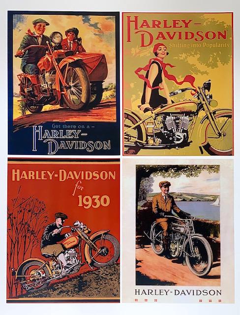 4 History of HARLEY-DAVIDSON Art Lithographs 8 x 10: Awesome Lot of 4 Depicting the History throughout the Years of the Harley-Davidson Motorcycle