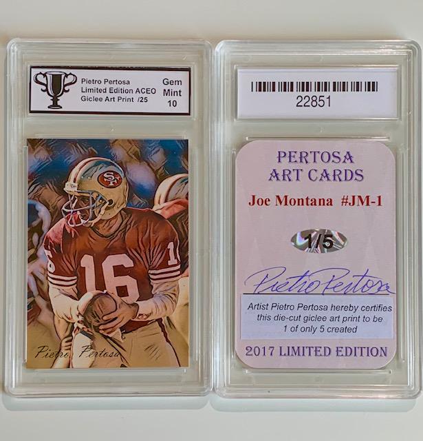 Rare 1/5 JOE MONTANA Signed by Artist Football Card: ONLY 5 Produced / Hand Signed by Artist Giclee Art Print with Foil Seal / Gem Mint 10