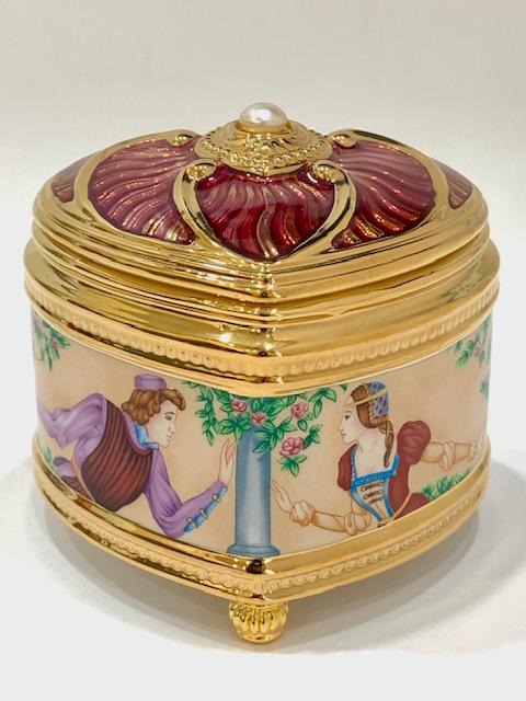 Rare/Signed FABERGE Porcelain Trinket Music Box: ROMEO and JULIET / Works and Looks Perfect / Hand Painted / Signed House of Faberge / Multiple Photos Posted
