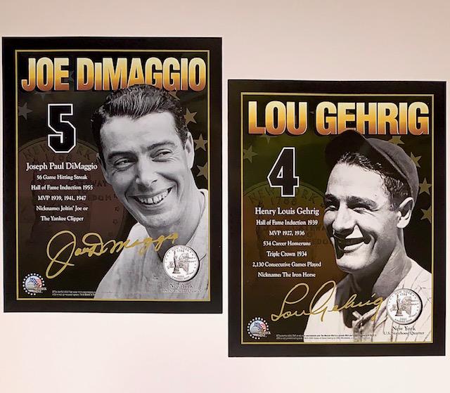 DiMaggio/Gehrig Merrick Mint 8 x 10 Signature Cards: LOT OF 2 / Joe DiMaggio and Lou Gehrig / Multiple Photos Posted / These were Produced by the Merrick Mint for the Statehood Quarter Collection / They are Facsimile Signed and are a Nice Collectible to