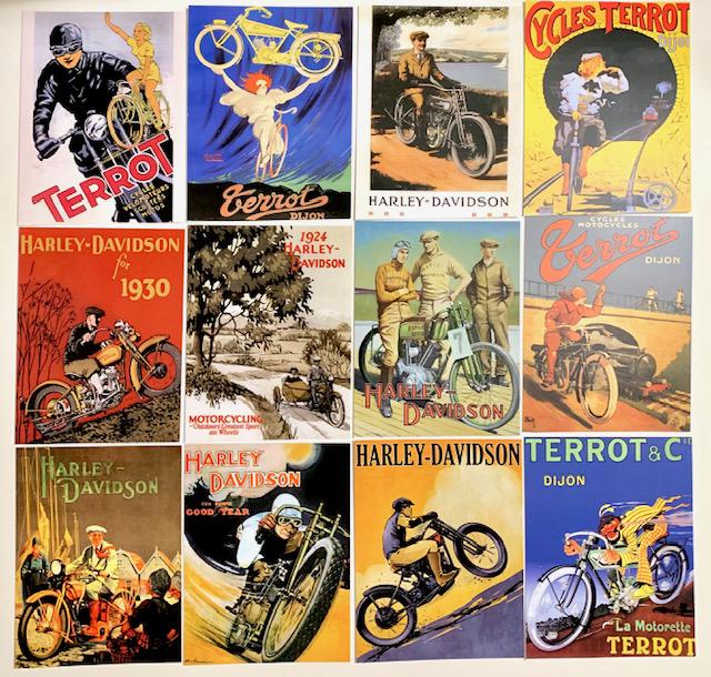 12 History of HARLEY-DAVIDSON Postcards / A: The 12 Postcards are a look back into the History of Motorcycles and Harley-Davidson / They are Not Period Original Postcards but they are a Great Collectible and are in Beautiful Condition / Group A