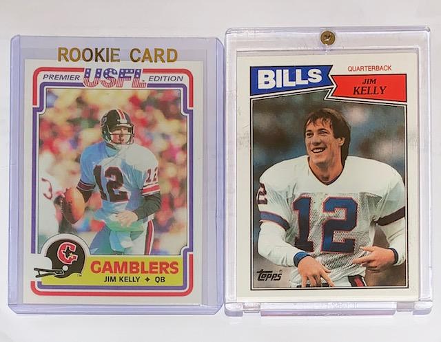 Lot of 2 JIM KELLY Topps Rookie Football Cards: Included are the Encased NFL Rookie Card and a Topps 1984 USFL Rookie Reprint Football Card