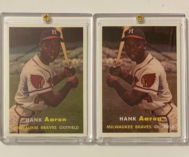 1957 Hank Aaron Error and Corrected RP Baseball Cards: Cards has Him Batting Right Handed and Left Handed / These are Unmarked Reprints / Sold AS-IS
