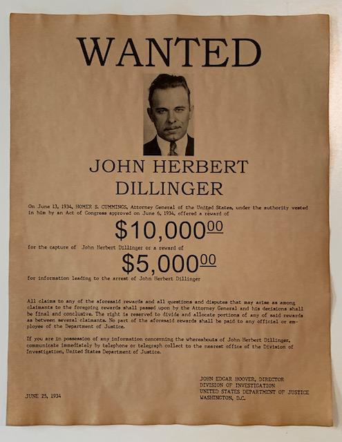 JOHN DILLINGER 1934 Wanted Reward Poster (1 of 1)