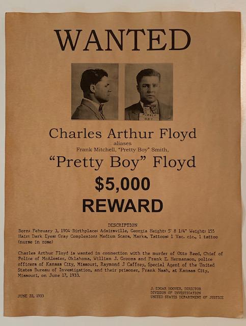 Charles PRETTY BOY Floyd 1933 Wanted Reward Poster: Approximately 8 x 10 - Parchment Like Aged Paper â€“ These Wanted Posters are Very Cool Look A Likes but are Not Period Original â€“ Sold as Decorative Novelty Posters