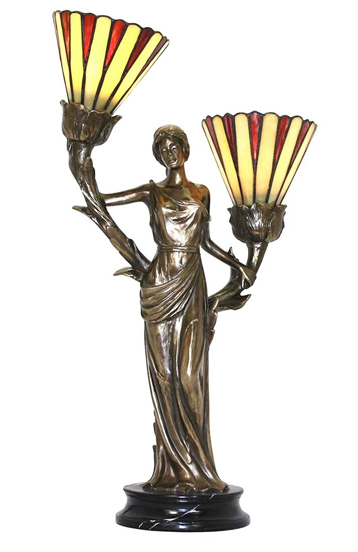 Dale TIFFANY Antique Roadshow Bronze Stained Glass Lamp: Elegant Dale Tiffany Studio Dual Shaded Stained Glass Lamp made from Cold Cast Bronze â€“ The Depiction is the Grecian Goddess DIONE - It is an absolutely Gorgeous Lamp that looks New and Works P