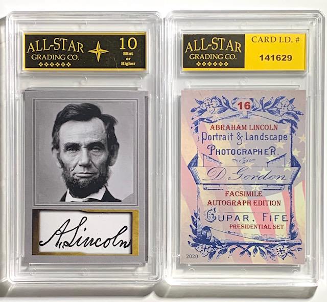 ABRAHAM LINCOLN Signed Promotional Studio Portrait Card: Gem 10 ABRAHAM LINCOLN Facsimile Autographed D. Gordon Studio Portrait Promotional Card