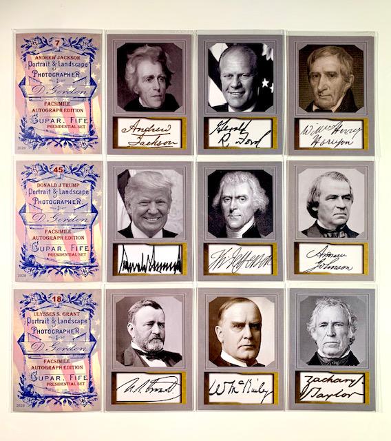 9 Presidential D. Gordon Studio Signed Portrait Cards/E: Lot of 9 Custom Portrait Collector Cards Featuring 9 Presidents with Facsimile Autographs - These are NOT Hand Signed Cards - They are part of a 45 Card Collection and are very cool looking cards