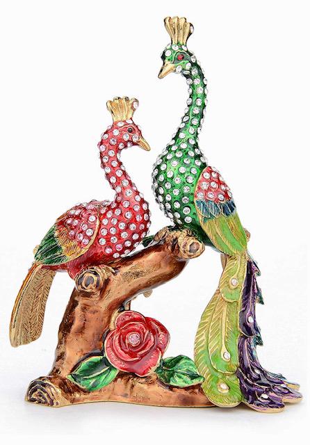 Beautiful Enameled-Studded Perched Peacocks Trinket Box: Large Studded and Enameled Faberge Inspired Lover Peacocks Trinket-Jewelry Box â€“ It is in Never Displayed Condition â€“ Multiple Photos Posted