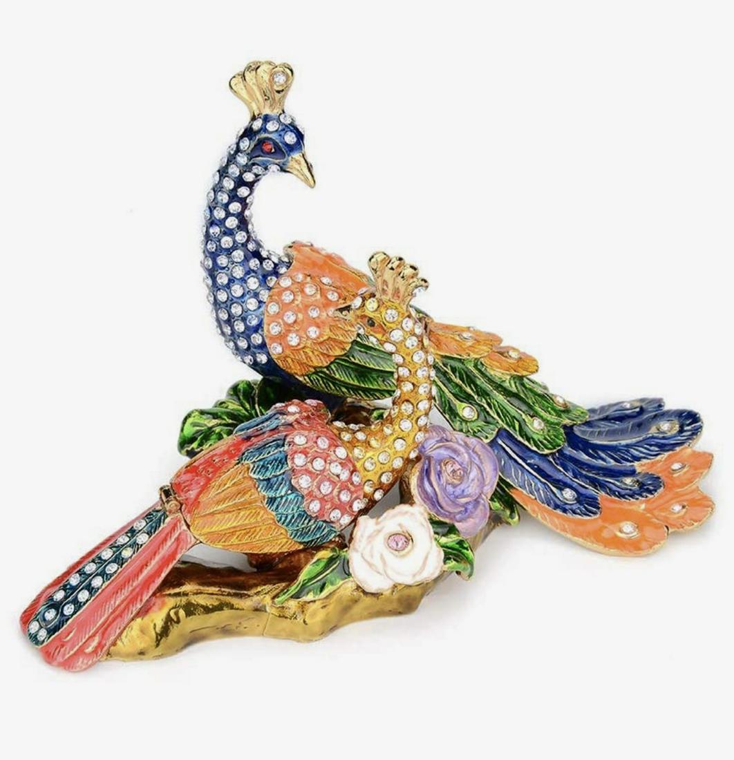 Beautiful Enamel Studded Lovebird Peacocks Trinket Box: Large Studded and Enameled Faberge Inspired Lover Peacocks Trinket-Jewelry Box â€“ It is in Never Displayed Condition â€“ Multiple Photos Posted