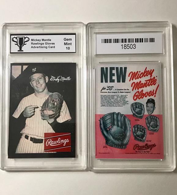 MICKEY MANTLE Advertising Baseball Card: RAWLINGS BASEBALL GLOVES / Gem Mint 10