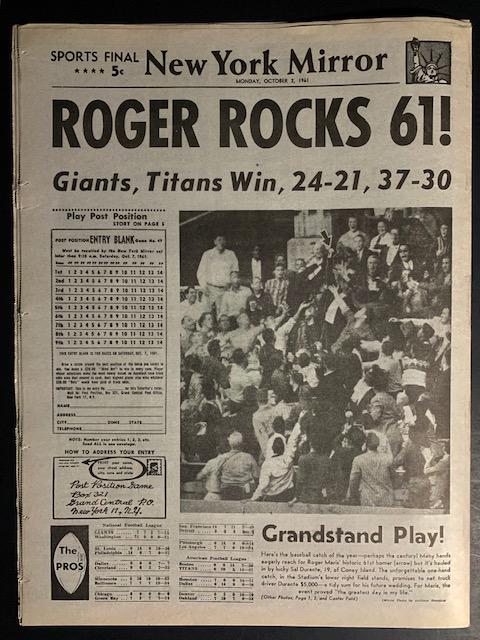 ROGER MARIS Breaks Babe Ruth Rec 61 Home Runs Newspaper: October 2 nd 1961 New York Mirror â€“ Historic Newspaper in Baseball â€“ There are No Markings of it being a Reprint but it is being Sold as a Re-Print - Multiple Photos Posted