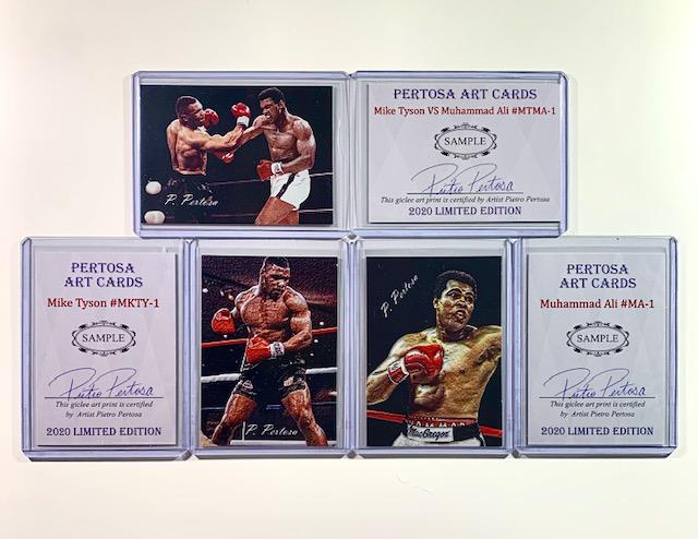 Muhammad Ali and Mike Tyson Artist Signed Sample Cards: Lot of 3 Limited Edition Short Print Pre-Production Sample Giclee Print Art Cards Signed by the Artist