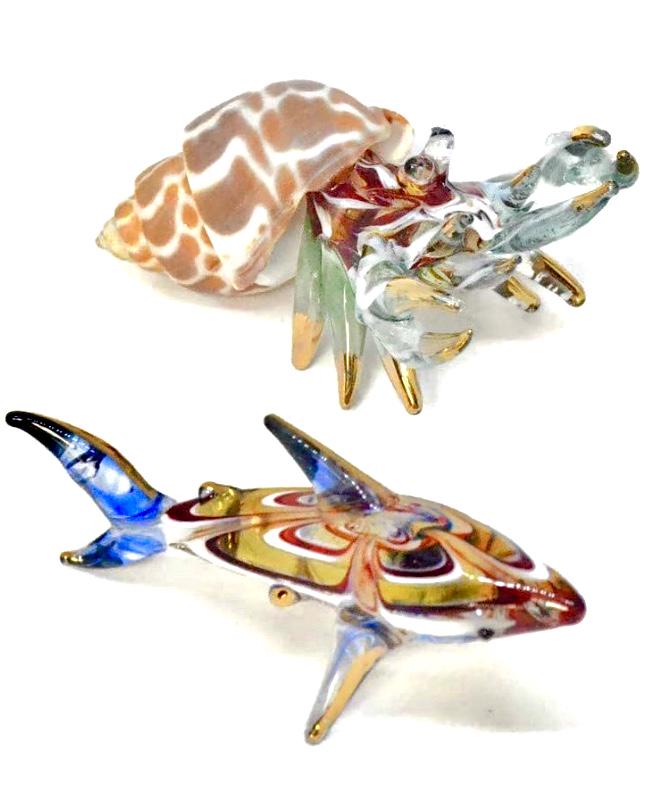 Lot of 2 Murano Multi Color Mini Blown Glass Figurines: Hermit Crab and Dolphin - Perfect Condition - Multiple Photos Posted